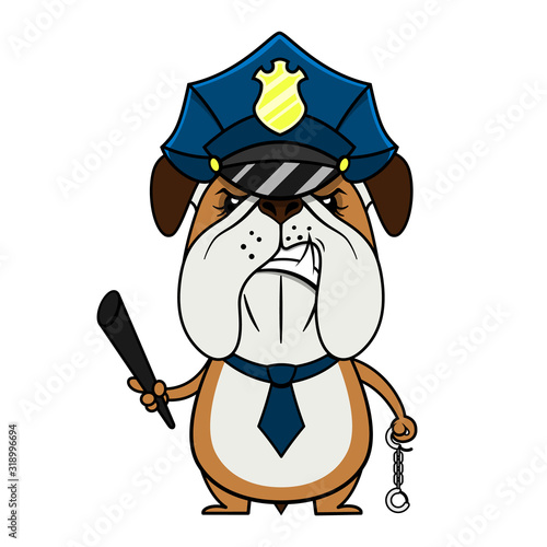 Angry Little Bulldog wearing Policeman Uniform carry a bat and handcuffs ready to catch a criminal Mascot Character Cartoon Vector
