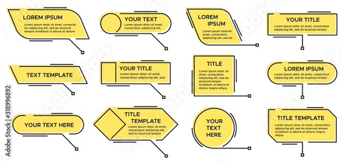 Callout title. Call text graphic, modern infographic yellow layout titles and video, news callouts simple text box isolated line vector set