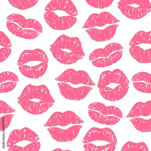Kiss print seamless pattern. Girls kisses  red lipstick prints and kissing women lips vector illustration. Valentines Day lipstick smooch imprint background for wedding and greeting card