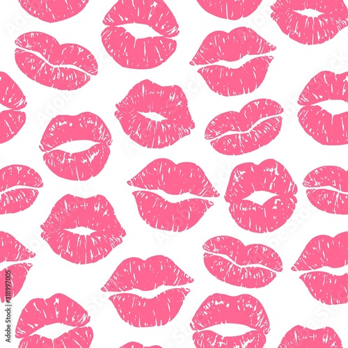 Kiss print seamless pattern. Girls kisses, red lipstick prints and kissing women lips vector illustration. Valentines Day lipstick smooch imprint background for wedding and greeting card