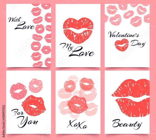 Lips prints. Card with love, Valentines day and fashion kiss print cards vector illustration set. attractive female sexy mouth imprints