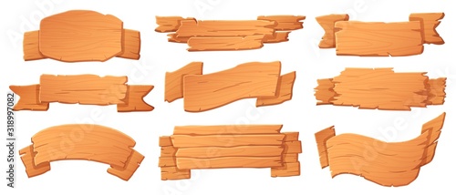 Wooden banners. Wood boards, banner board and cartoon signboard vector set for game. road information signs, wild west saloon isolated signboards