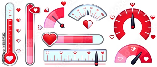 Love meter. Valentines Day card, love indicator with red hearts and love thermometer. Red heart meters vector set. Collection of analog attraction and passion scales, gauge for romance measurement. photo