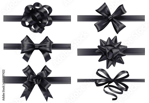 Realistic black ribbons with bows. Dark festive wrapping bow, holiday gift ribbon decoration 3d realistic illustration vector set. Collection of silk tapes for funeral. Bundle of tied satin strips.
