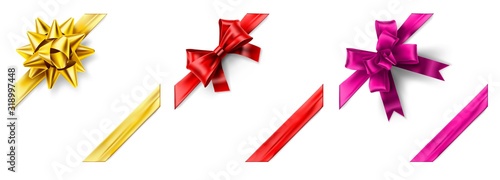 Realistic ribbon bow corner. Gift decoration, 3D bows for box corners and holiday gifts template. Red, gold and pink gifting ribbons vector set. Bundle of decorative silk tapes for festive packaging.