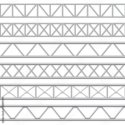 Metal truss girder. Steel pipes structures, roof girder and seamless metal stage structure vector illustration set. Collection of realistic polished iron or aluminium fences, barriers or railings. photo
