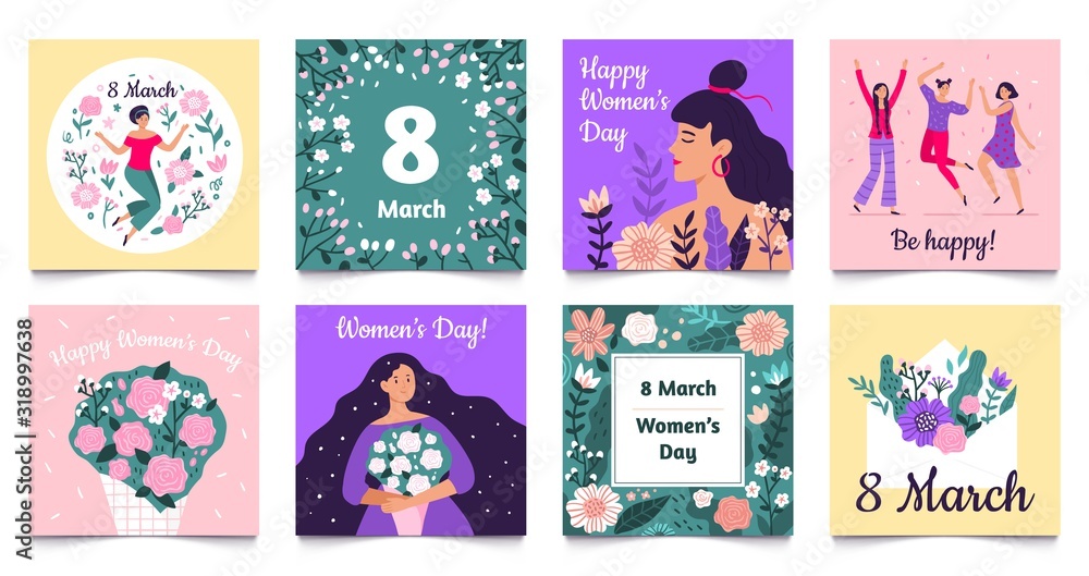 International Womens Day card. Happy women day, 8 March holiday greeting cards vector set. Collection of square modern festive postcard templates for 8 March celebration with cute girls and flowers.