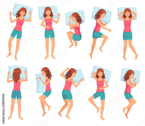 Woman sleeps in different poses. Healthy night sleep, sleeping pose and female character sleep on pillow cartoon vector illustration set. Bundle of girl lying in various postures during night repose.
