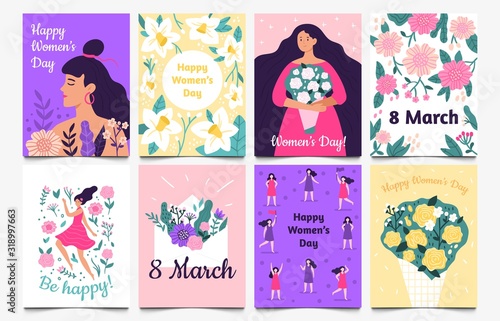 March 8 cards. Lady with flowers, International Womens Day and Be happy greetings card vector set. Bundle of decorative poster or postcard templates with blooming spring flowers, cute girls, wishes.