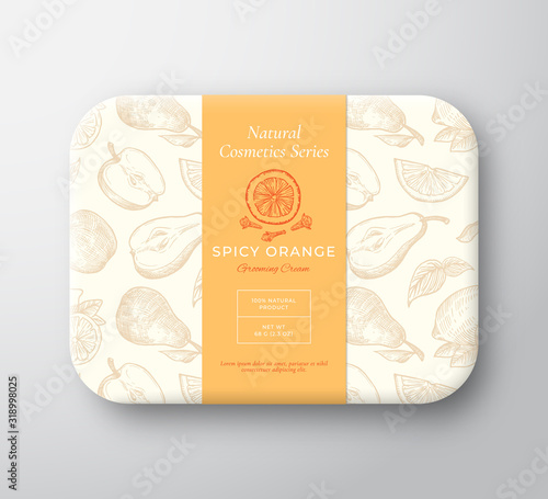 Spicy Orange Bath Cosmetics Package Box. Abstract Vector Wrapped Paper Container with Label Cover. Packaging Design. Modern Typography and Hand Drawn Fruits, Clove Background Pattern Layout.