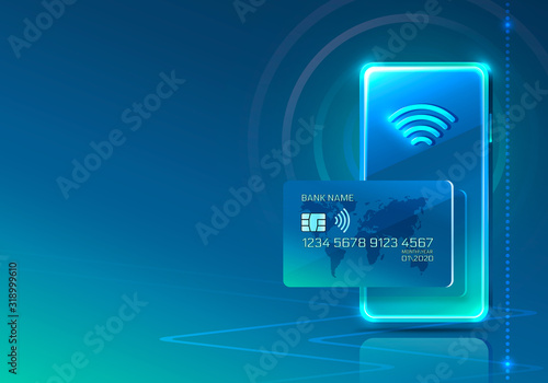 Electronic credit card and phone icon, finance technology, blue background.