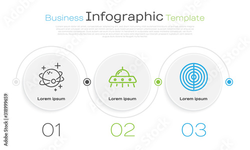 Set line Planet, UFO flying spaceship and Earth structure. Business infographic template. Vector