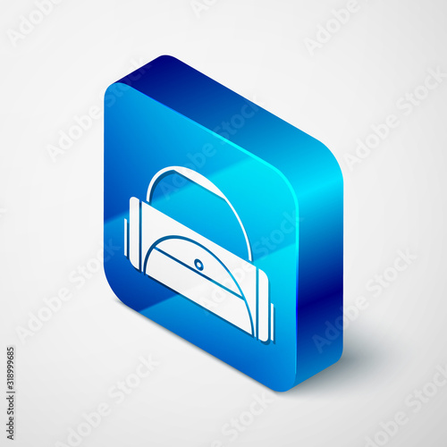 Isometric Sport bag icon isolated on white background. Blue square button. Vector Illustration