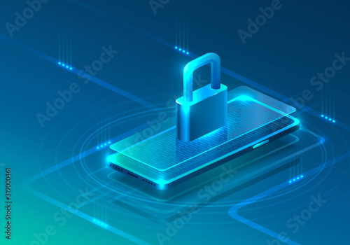 Screen phone neon icon padlock modern. blue background.