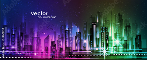Night city illustration with neon glow and vivid colors. illustration with architecture, skyscrapers, megapolis, buildings, downtown.