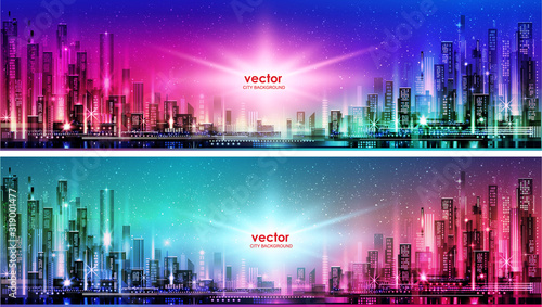 Night city illustration with neon glow and vivid colors. illustration with architecture, skyscrapers, megapolis, buildings, downtown.