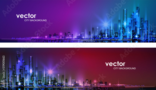 Night city illustration with neon glow and vivid colors. illustration with architecture, skyscrapers, megapolis, buildings, downtown.