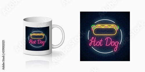 Neonprint of hot dog cafe sign on ceramic mug mockup. Branding identity design sign of a fast food in neon style on cup