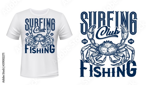 Ocean surfing club t-shirt print, crab animal, vector navy blue template mockup. Sea surfing sport club team emblem