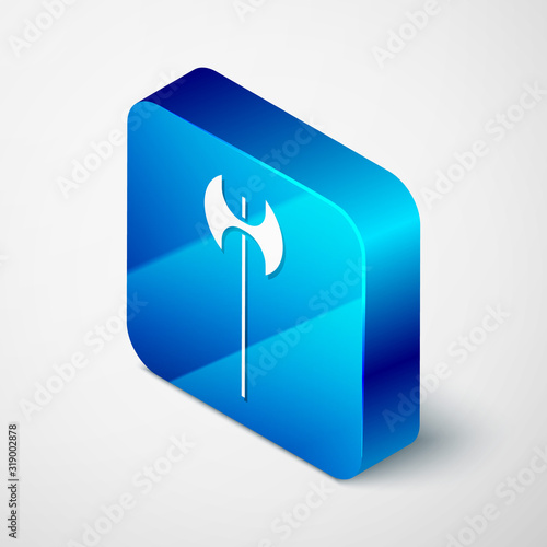 Isometric Medieval axe icon isolated on white background. Battle axe, executioner axe. Medieval weapon. Blue square button. Vector Illustration
