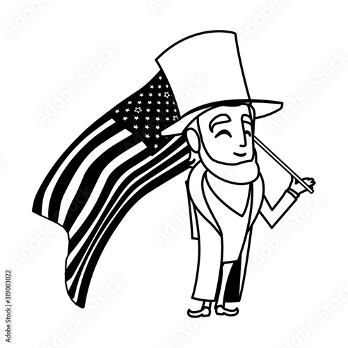 president abraham lincoln with flag usa on white background