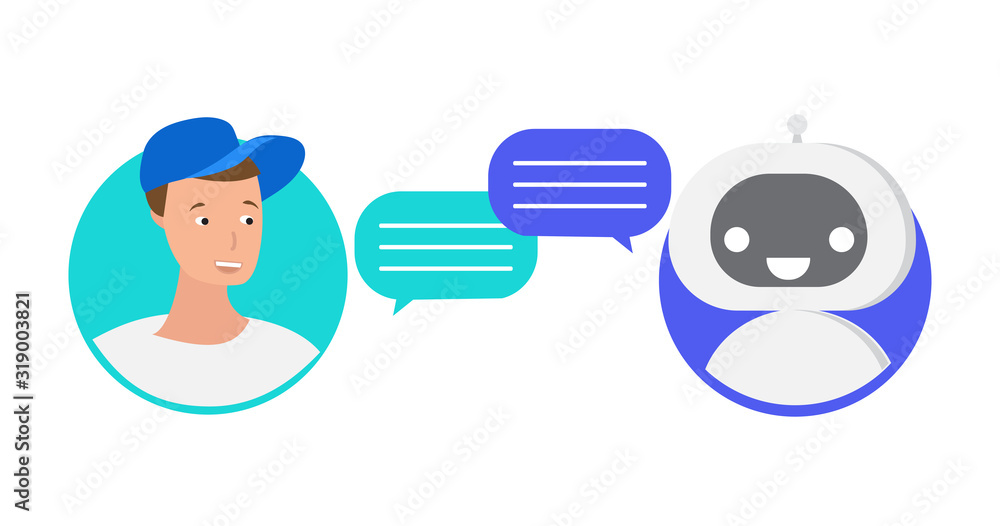 Chatbot concept. Man chatting with chat bot. Online support bot. Vector illustration Chatbot concept. Man chatting with chat bot. Online support bot. Vector illustration
