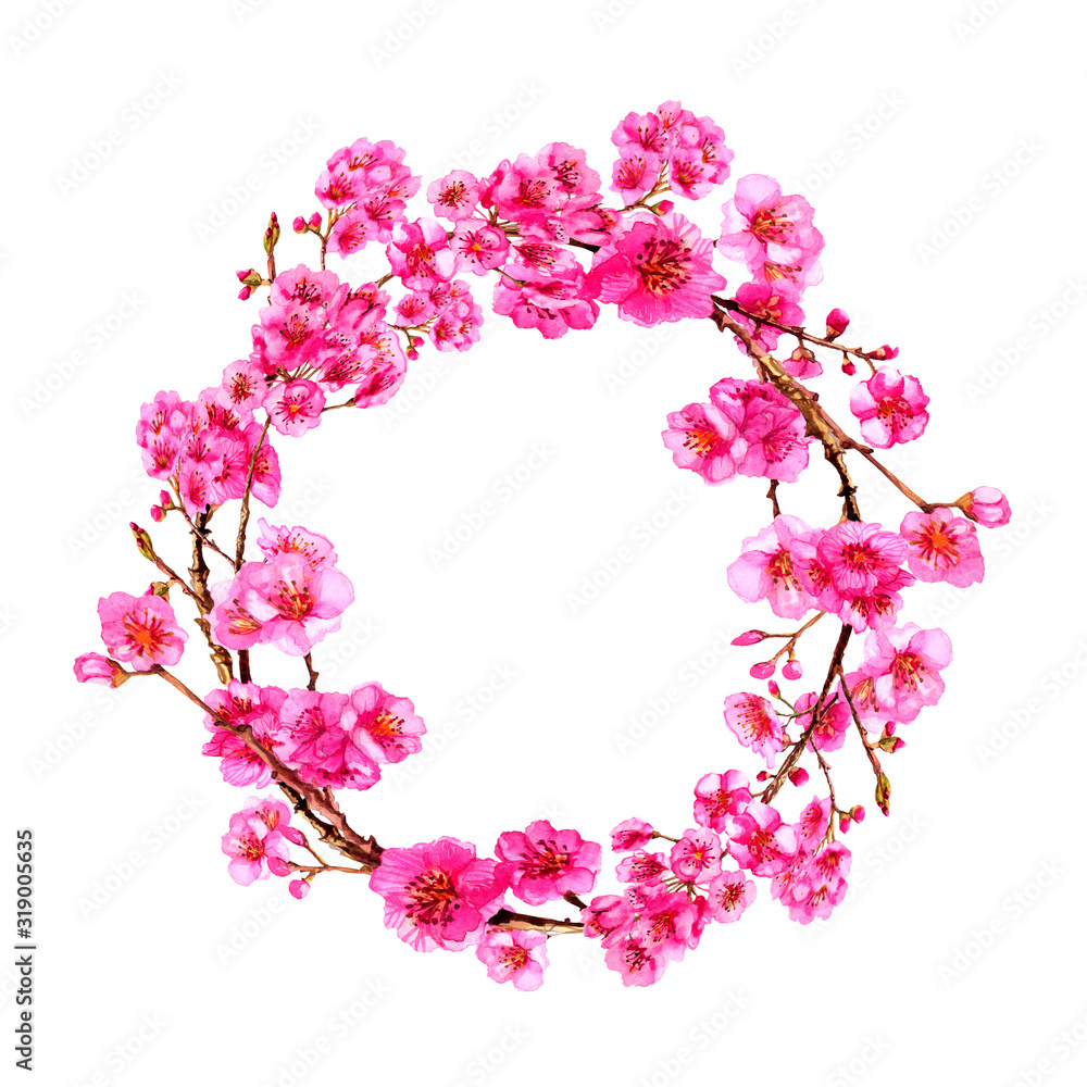 Watercolor sakura japan cherry branch . Blooming flowers. Spring pink design wallpaper, poster, background, cover, fabric, textile. Watercolor sakura japan cherry branch . Blooming flowers. Spring pink design wallpaper, poster, background, cover, fabric, textile.