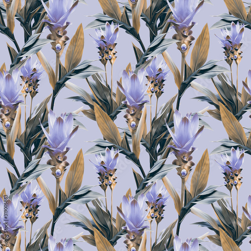 Exotic flowers seamless pattern. Artistic background.