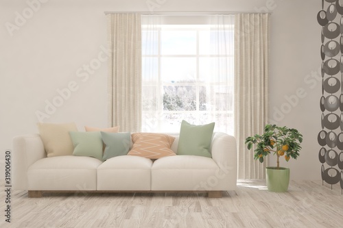 Stylish room in white color with sofa and winter landscape in window. Scandinavian interior design. 3D illustration
