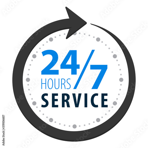 Service and support around the clock, 24 hours a day and 7 days a week flat icon isolated on white background.