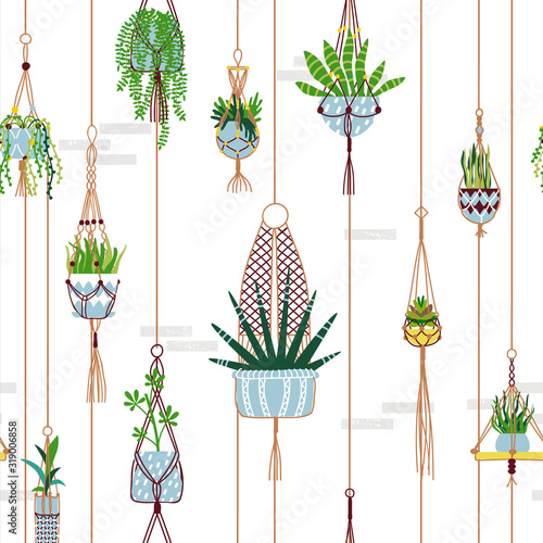 Green macrame house plant seamless pattern