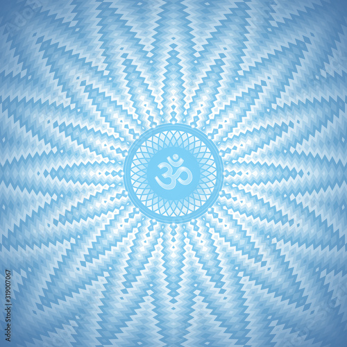 Sacred symbol Om; Shiny mandala with geometric pattern; Colors of calm blue sky; Vector illustration.
