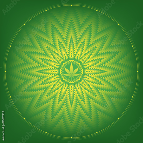 Magic cannabis leaf; Sacred complex geometry; Wonderful mandala in trance psychedelic style; Optical illusion art; Vector illustration.