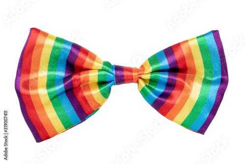 Gift bows. Closeup of a decorative rainbow ribbon bow made of silk for gift box isolated on a white background. Decorations background. Macro photograph.