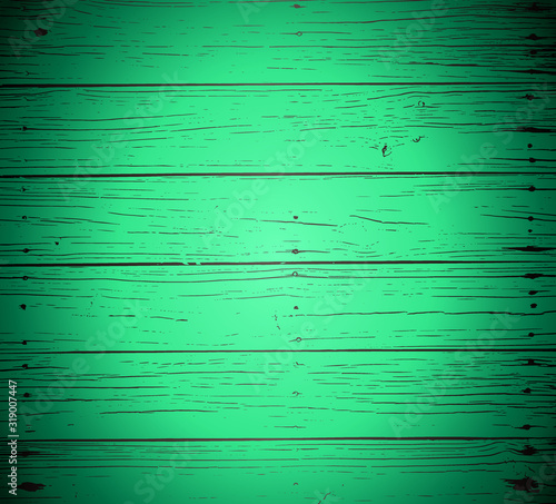 Rough vintage colorful green teal reclaimed wood surface with aged plank boards lined up. Wooden planks on a wall or floor with grain and texture. 