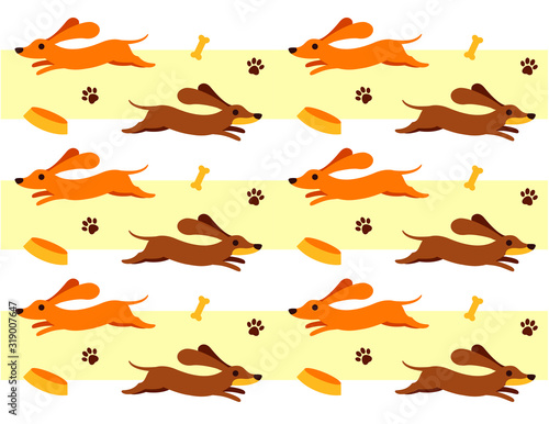 Dachshund cute puppy pattern - flat vector dog running, cartoon pet animal character, sausage dog, pet food, paws background