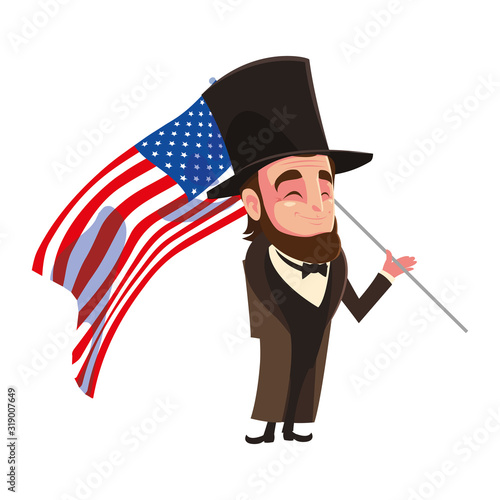president abraham lincoln with flag usa on white background