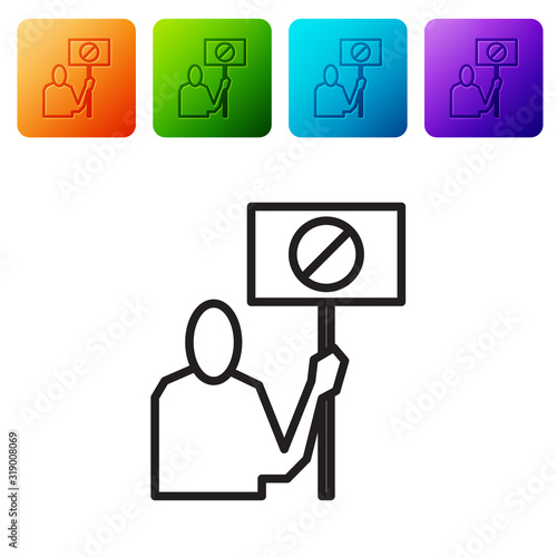 Black line Nature saving protest icon isolated on white background. Earth planet protection, environmental issues demonstration. Set icons in color square buttons. Vector Illustration