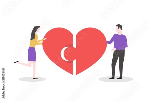 Man and woman connect the two halves of the heart. Man and woman love each other vector illustration.