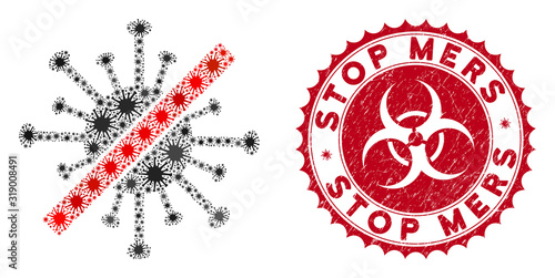 Coronavirus mosaic no coronavirus icon and rounded corroded stamp seal with Stop Mers phrase. Mosaic vector is formed with no coronavirus icon and with scattered microbe cell items.