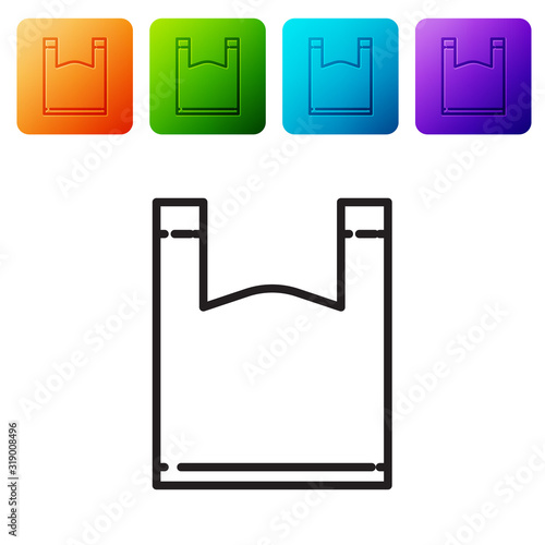 Black line Plastic bag icon isolated on white background. Disposable cellophane and polythene package prohibition sign. Set icons in color square buttons. Vector Illustration
