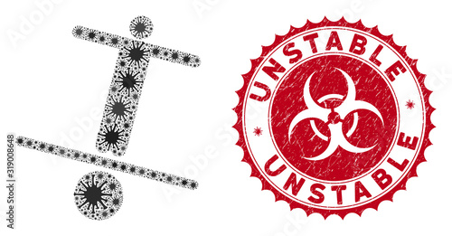 Coronavirus mosaic unstable man icon and rounded rubber stamp seal with Unstable phrase. Mosaic vector is created with unstable man icon and with randomized contagion elements.