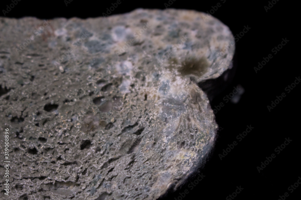 Moldy white bread on a black background. Slice of moldy bread on a black table Moldy white bread on a black background. Slice of moldy bread on a black table