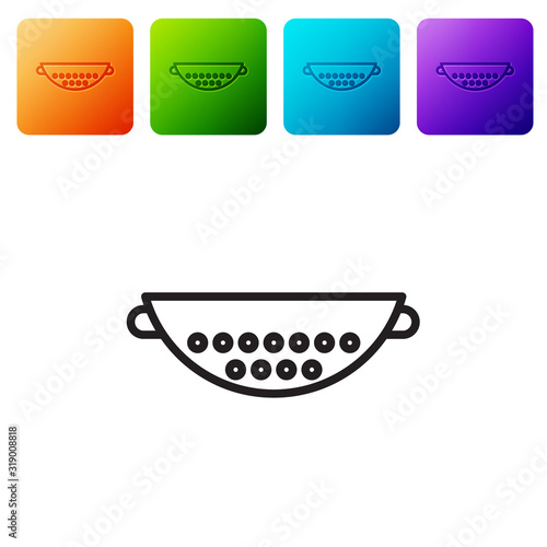 Black line Kitchen colander icon isolated on white background. Cooking utensil. Cutlery sign. Set icons in color square buttons. Vector Illustration