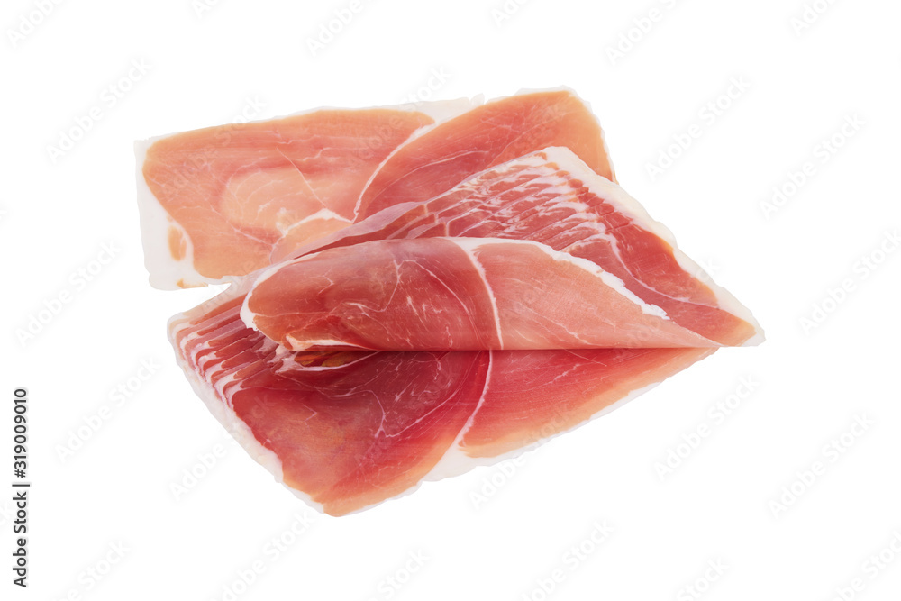Jamon, Prosciutto, Speck, Dry Cured Meat or Ham slices isolated on white with clipping path Jamon, Prosciutto, Speck, Dry Cured Meat or Ham slices isolated on white with clipping path