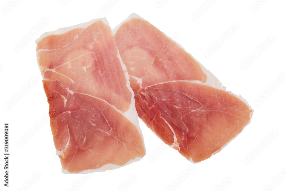 Jamon, Prosciutto, Speck, Dry Cured Meat or Ham slices isolated on white with clipping path Jamon, Prosciutto, Speck, Dry Cured Meat or Ham slices isolated on white with clipping path