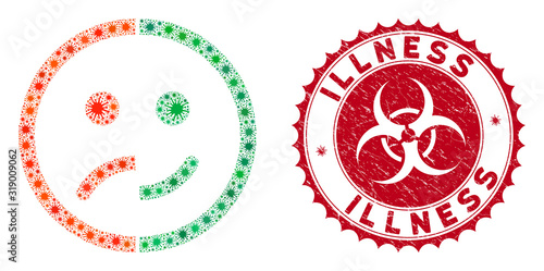 Coronavirus collage bipolar emotion icon and round grunge stamp seal with Illness phrase. Mosaic vector is composed with bipolar emotion icon and with scattered bacterium elements.