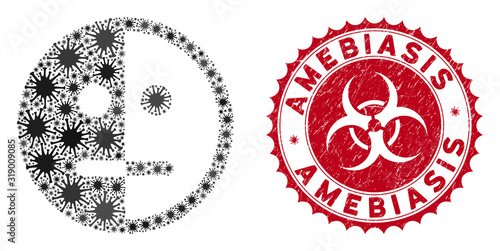 Coronavirus mosaic bipolarity face icon and round rubber stamp seal with Amebiasis phrase. Mosaic vector is composed from bipolarity face icon and with randomized mers icons.