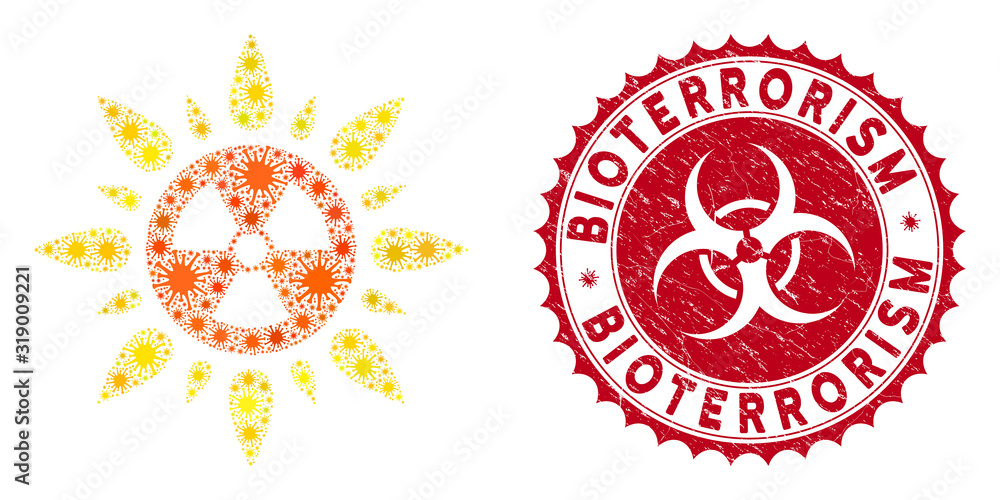 Coronavirus mosaic atomic radiation icon and round rubber stamp watermark with Bioterrorism phrase. Mosaic vector is composed from atomic radiation icon and with random sars items. Coronavirus mosaic atomic radiation icon and round rubber stamp watermark with Bioterrorism phrase. Mosaic vector is composed from atomic radiation icon and with random sars items.