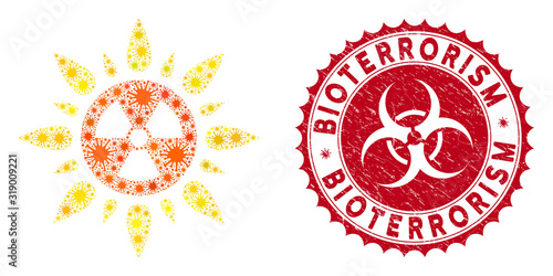 Coronavirus mosaic atomic radiation icon and round rubber stamp watermark with Bioterrorism phrase. Mosaic vector is composed from atomic radiation icon and with random sars items. photo